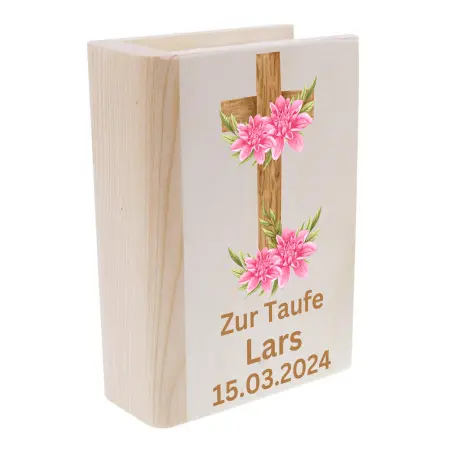 Personalisierte Spardose zur Taufe | Taufgeschenk für Kinder | Kreuz mit Blumen